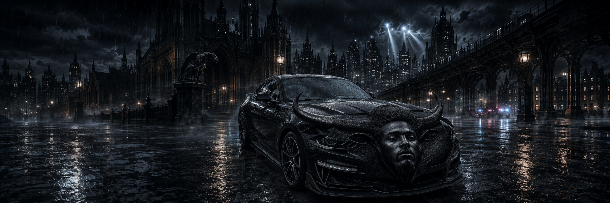 The fast bull Mustang in a rain-soaked gothic city