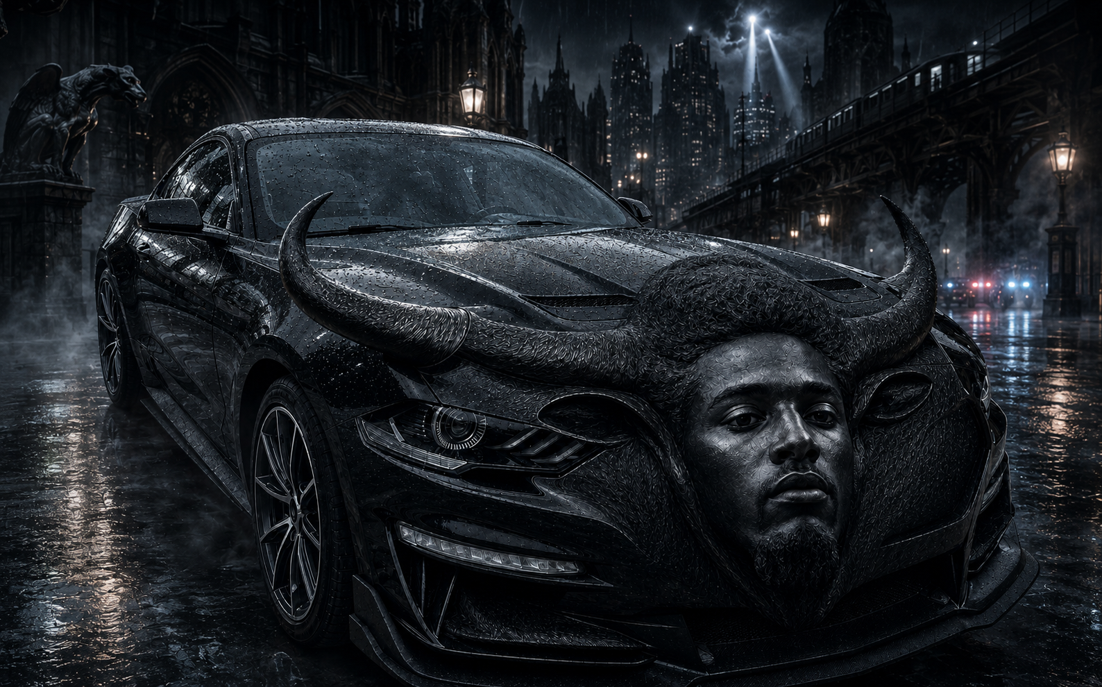 The Ansemtang character integrated into a black Mustang